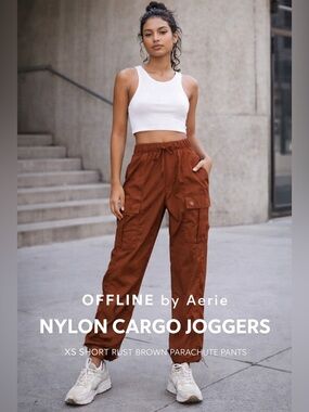 OFFLINE by Aerie Nylon Cargo Joggers XS Short Rust Brown Parachute Pants